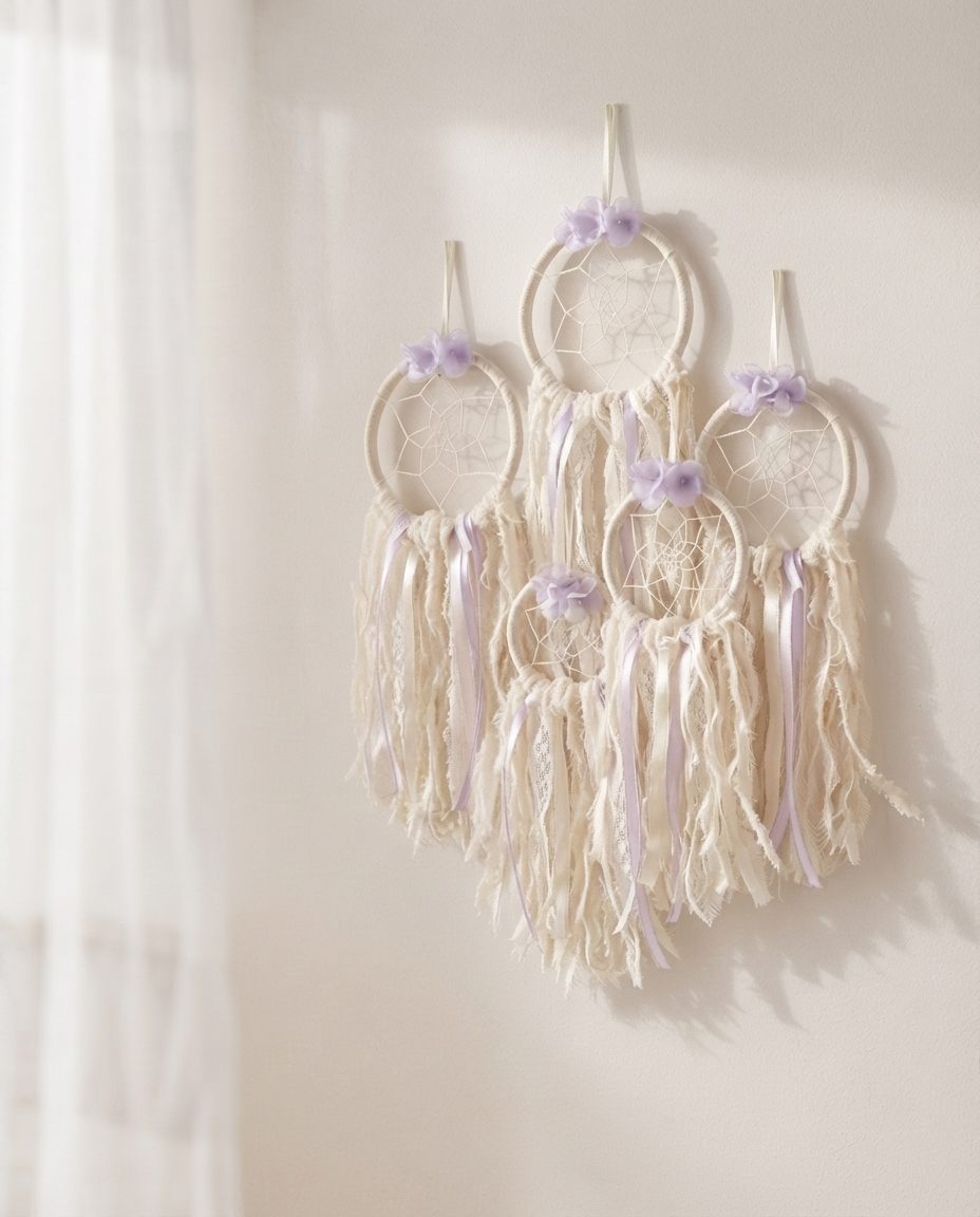 Cuatro atrapasueños de distintos tamaños agrupados en una pared blanca