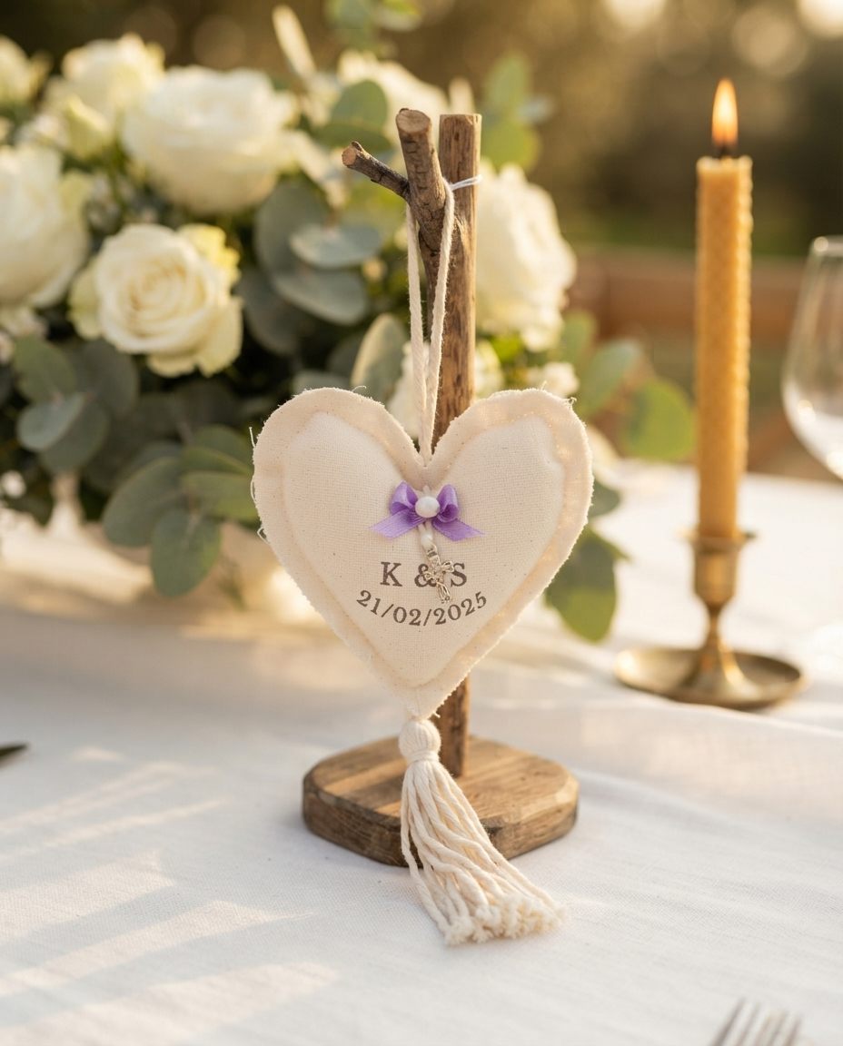 Corazón de algodón crudo con iniciales y fecha, en una mesa de evento al atardecer