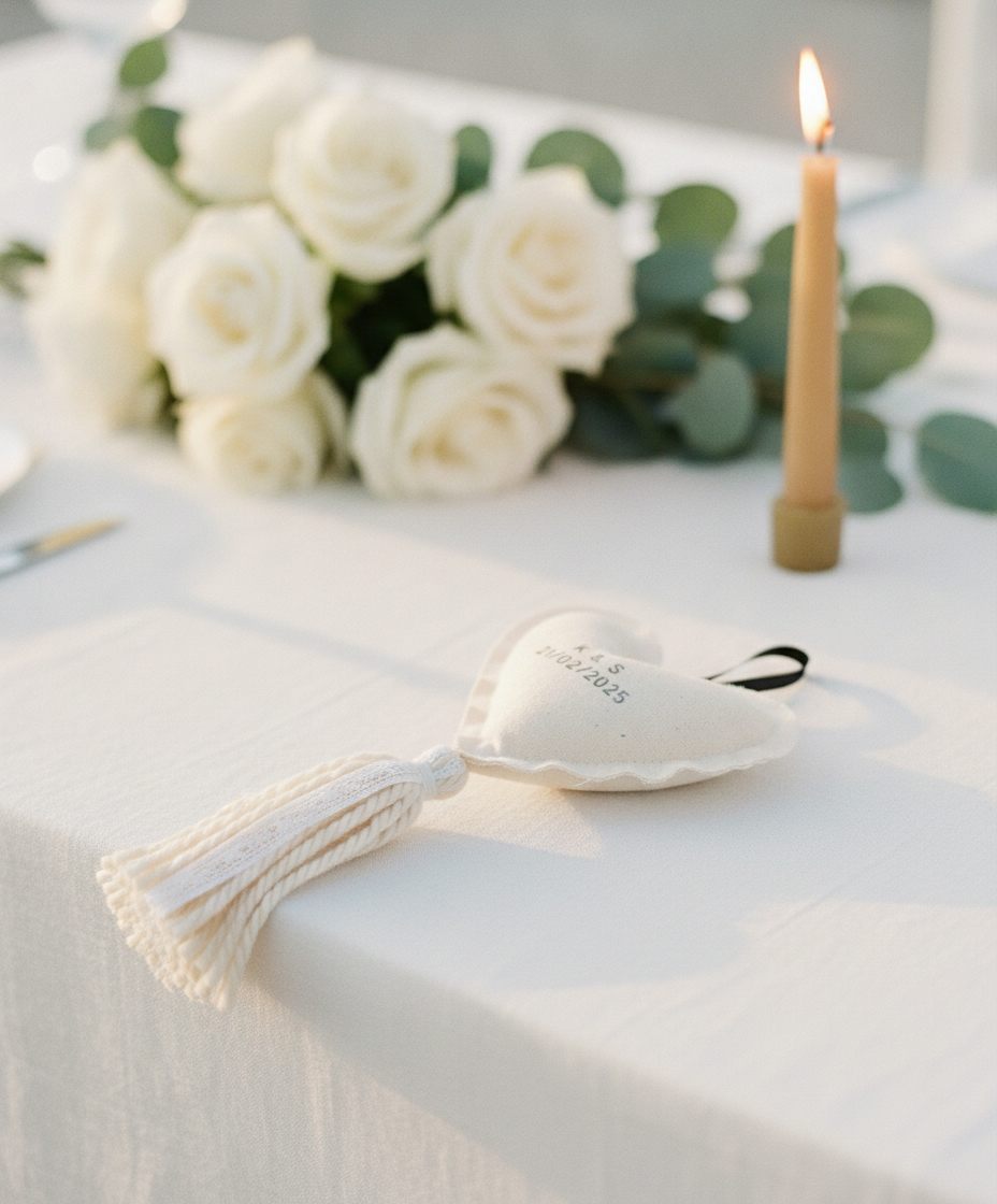 Corazón de algodón crudo con iniciales sellado a mano, sobre una mesa puesta con rosas blancas