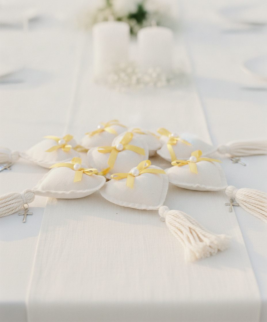 Doce corazones de algodón crudo con moños amarillos y borlas, alineados sobre el camino de mesa de un salón