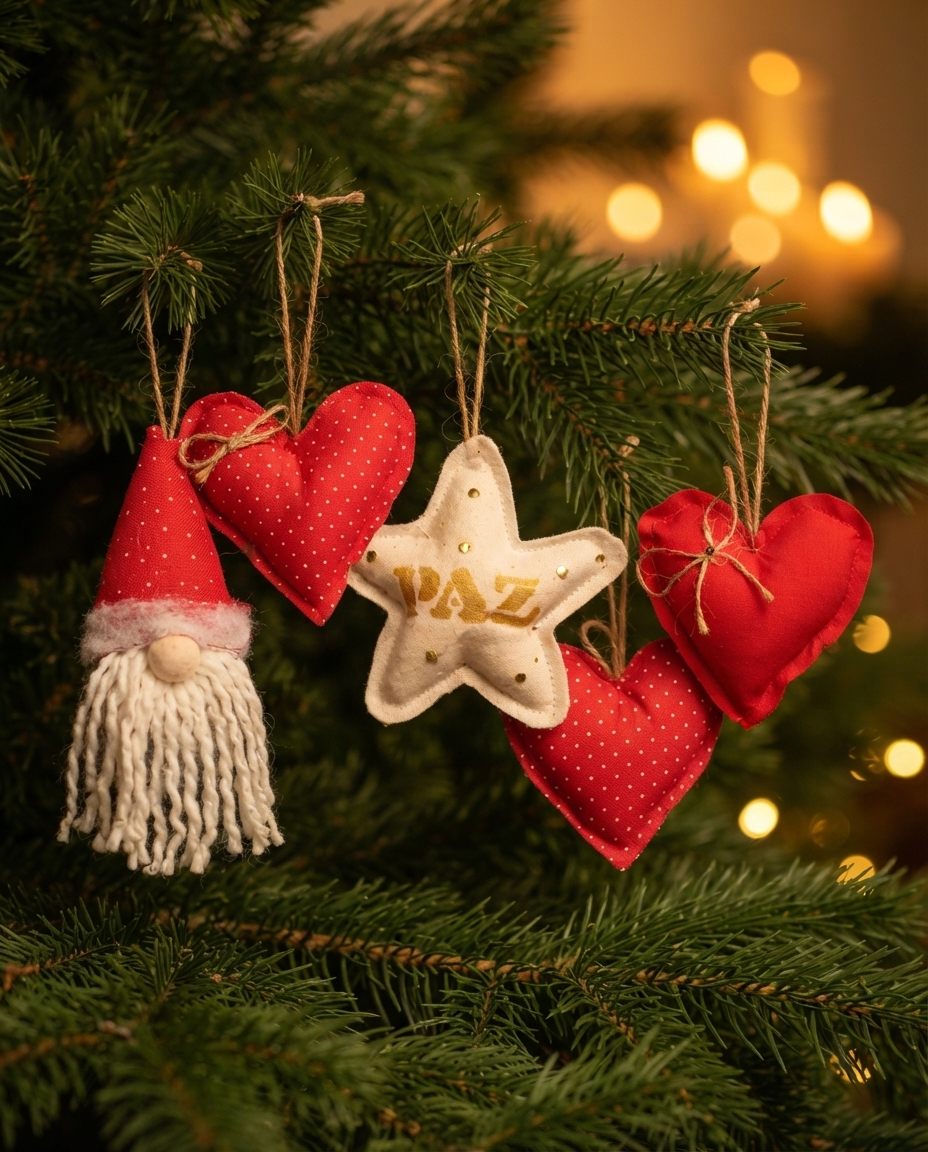 Colgantes navideños de tela: gnomo, estrellas con la palabra paz en dorado y corazones a lunares