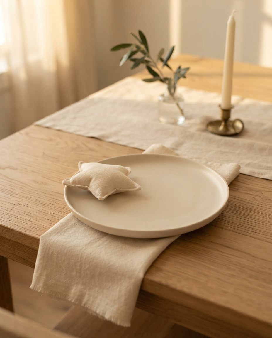 Servilleta de lino con una estrella rellena al tono, sobre plato de cerámica y mesa de madera