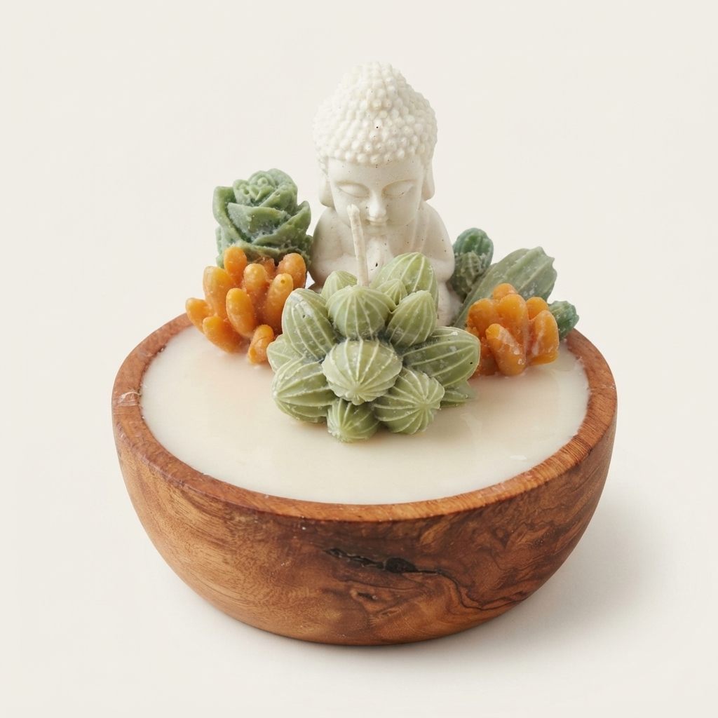 Vela de soja en cuenco de madera con suculentas de cera y un buda