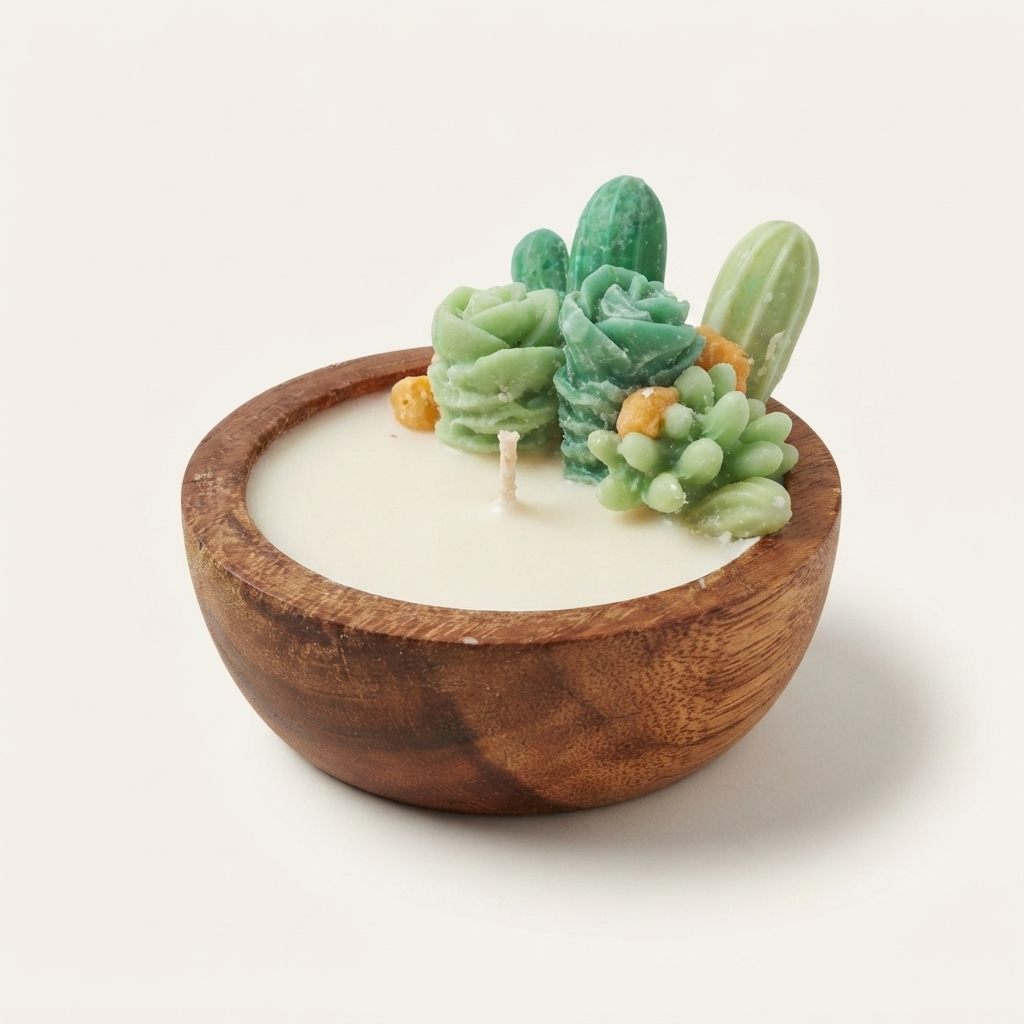 Vela de soja en cuenco de madera con cactus y rosetas de cera verdes