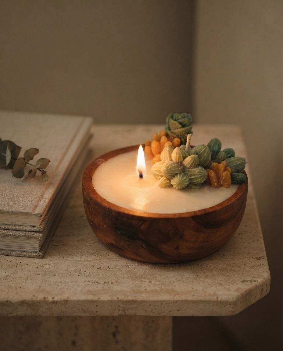 Vela de soja encendida en cuenco de madera, con suculentas de cera, sobre travertino